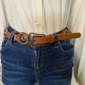 Camel PU leather skinny belt with silver concho details